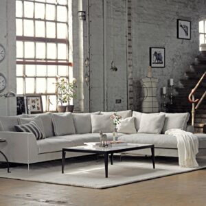 Stunning modern corner Sofa Blues from SOUL furniture store Dublin. Light grey fabric, scatter cushion back create luxury interior