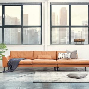 Leather tan corner sofa. Absolutly Modern style with large selection of sizes and finishes.