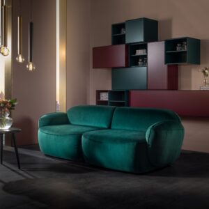 Rounded shape sofabubble from Soul Furniture Dublin. Teal fabric sofa create timeless interior