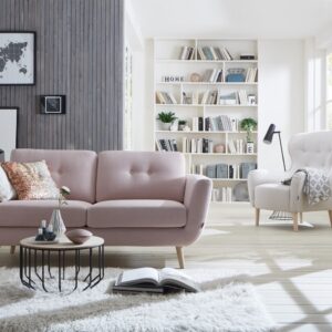 Retro style 3 seater sofa in pink fabric. Has a button back cushion. Beautiful for any interior. SOUL Furniture, Sandyford