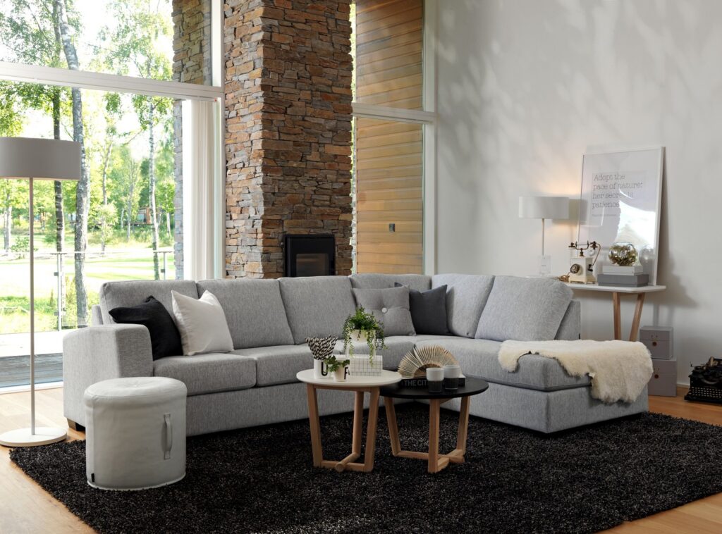 Setup Sofa corner in light grey fabric. Our furniture is custom made: large selection of fabrics and combinations. SOUL Furniture, Dublin.