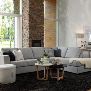 Setup Sofa corner in light grey fabric. Our furniture is custom made: large selection of fabrics and combinations. SOUL Furniture, Dublin.