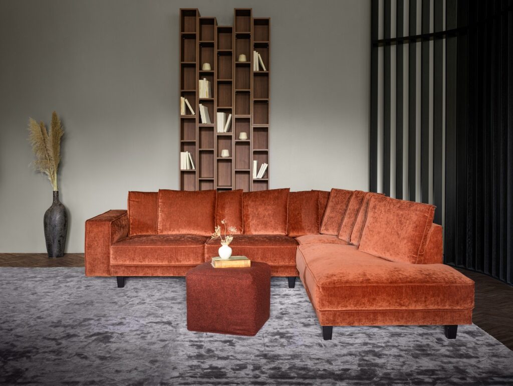 Samba corner sofa in beautiful burnt orange velvet fabric. Is a versatile piece of furniture, comes in large selections of choices. Soul Luxury Furniture Sandyford