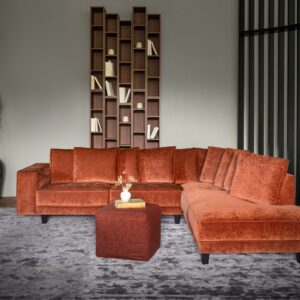 Samba corner sofa in beautiful burnt orange velvet fabric. Is a versatile piece of furniture, comes in large selections of choices. Soul Luxury Furniture Sandyford