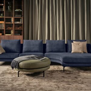 Beautiful corner sofa Francis in blue velvet fabric with curved shapes. Luxury Frurniture SOUL, Dublin. Furniture near me