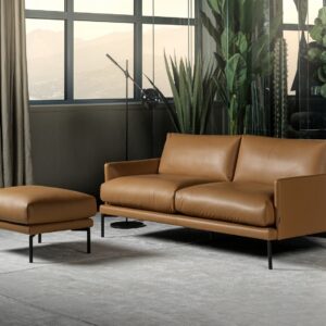 Ravel Sofa, curved shape back, slim sofa. Contemporary look ,tan leather . SOUL Furniture Sandyford Dublin