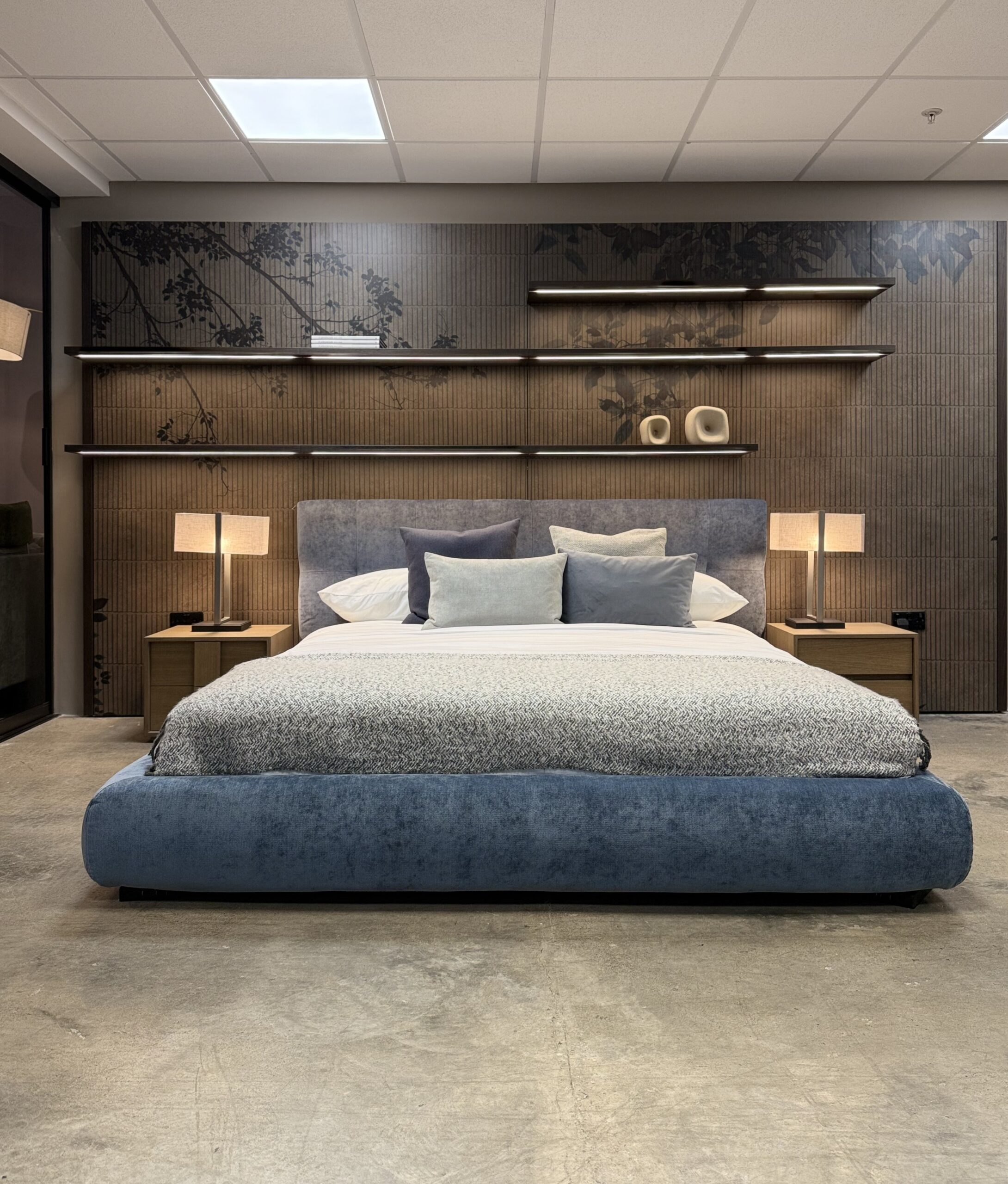 Stunning Super King Black  Bedframe in ocean blue fabric. Display Model in Clearance Price. 